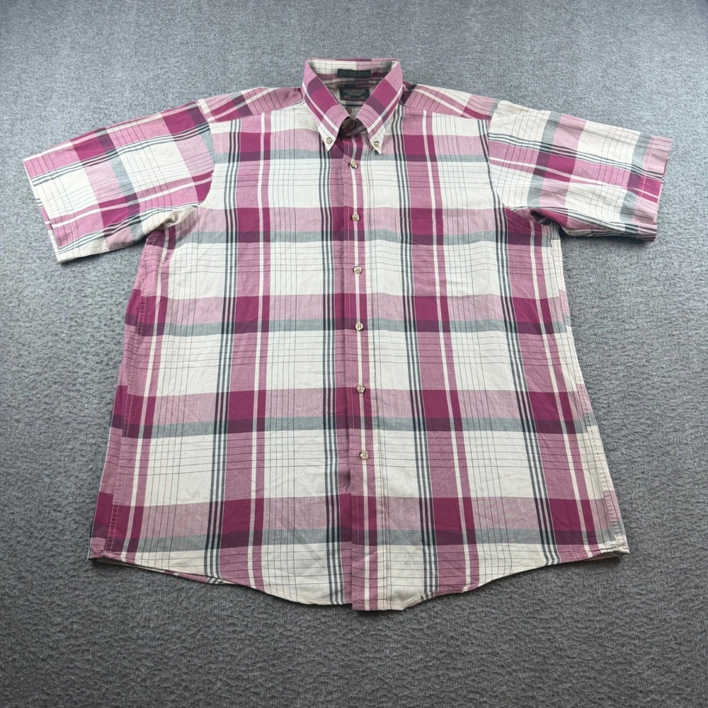 Edgewood Button Down Shirt Men's Medium Burgundy Plaid Short Sleeve Made in USA